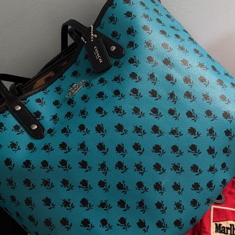 Coach Teal Tote with Black Floral Motif